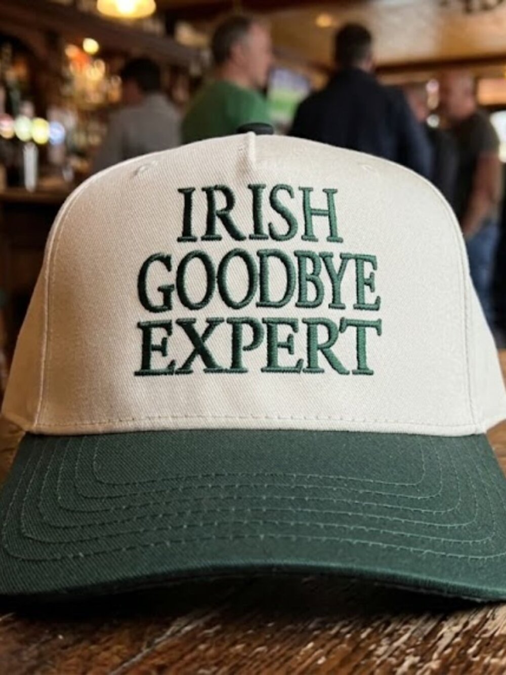 Vintage-Inspired Irish Goodbye Expert Hat Retro Embroidered Cream Green Cap OS